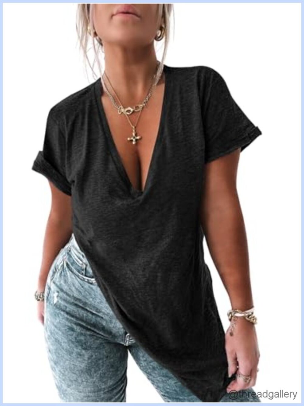 Womens Deep V Neck Oversized Tunic T-Shirt Short Sleeve Summer Top
